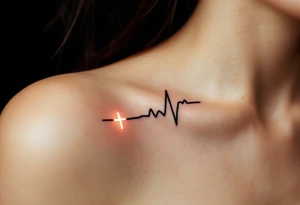 A simple black EKG line with a small glowing white cross at the end, symbolizing strength through faith tattoo idea