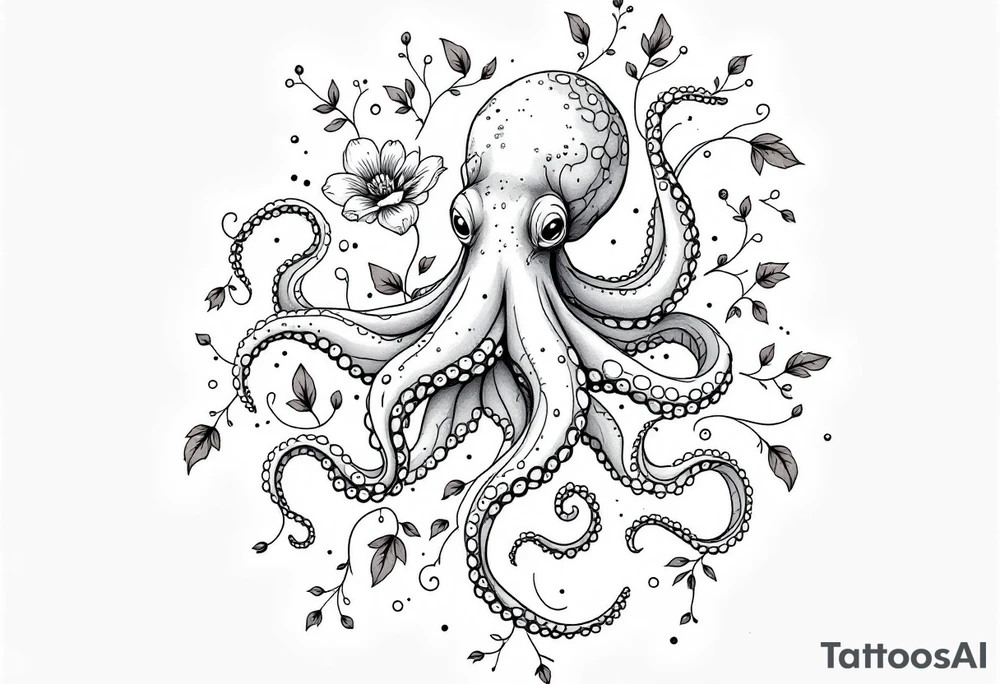 realistic octopus, detailed linework, intricate, black-and-grey shading, surrounded by floral ornaments, intertwining tentacles, thin black swirling lines, semi-transparent brown leaves, dotwork, ornamental flourishes, radiating design, fine-line style, minimalistic, organic flow, feminine, artistic, slightly surreal, seamless composition, marine botanical fusion, lifelike texture, graceful rhythm, natural growth integration, body-following design, smooth shading, soft leaves wrapping, blooming shoulder flower, outward radiating pattern, vine tentacle flow, integrated sea creature, botanical octopus curved body placement, natural organic movement tattoo idea