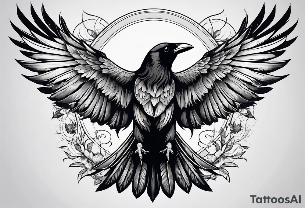 crow with open wings, only line drawing, symmetrical, without background, tattoo idea