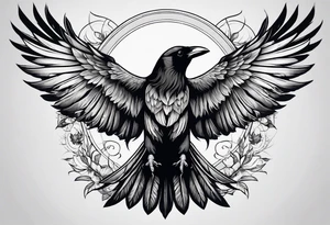 crow with open wings, only line drawing, symmetrical, without background, tattoo idea