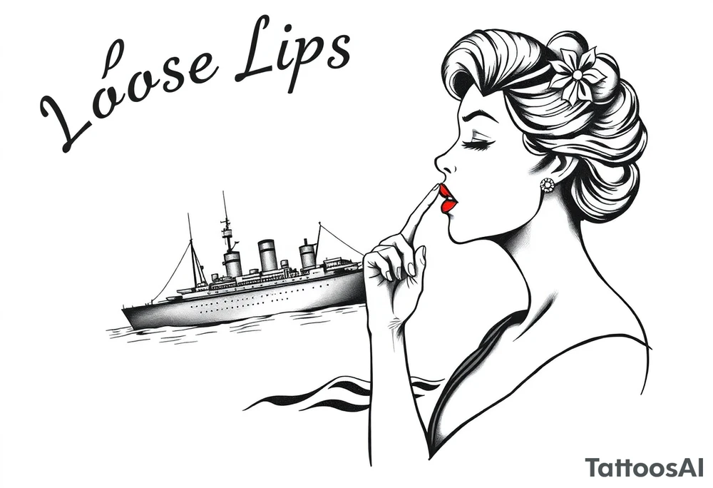 representation of war propaganda: Loose lips sink ships. Must include ship and a sexualised woman with her finger to her lips tattoo idea