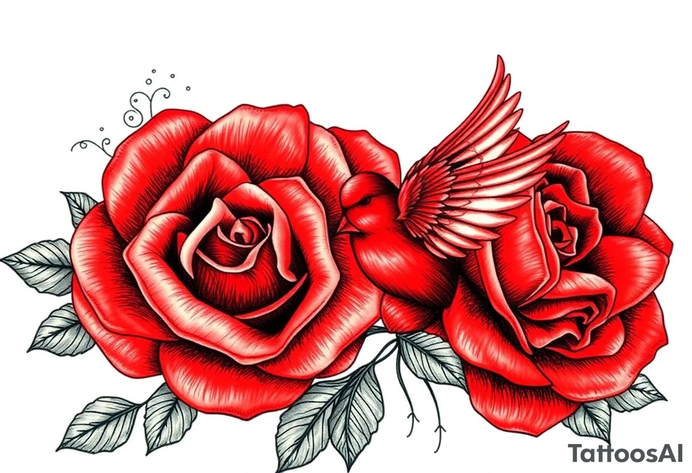 Vintage lace, red roses close together, bright red bird flying freely tattoo idea