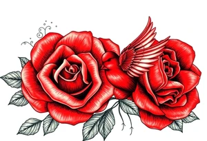 Vintage lace, red roses close together, bright red bird flying freely tattoo idea