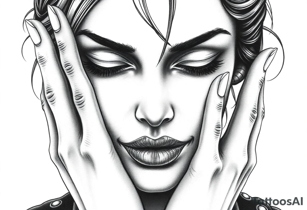 Black and grey realism tattoo design of a beautiful woman's face. Both her eyes  closed  (see no evil), her lips are stiched shit like sown with needle and thread like nightmare befire christmas (speak no evil). With her right hand covering her right ear and the left covering  Her left ear The style is black and grey realism, hyper-realistic, dark, and evil. Incorporate ninja gear elements and mechanical details (gears) subtly into the background or clothing for a gear ninja evil look. Design for a full forearm sleeve placement tattoo idea