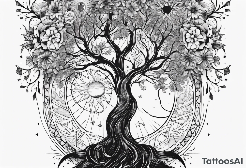 spiritual feminine tattoo for sleeve without faces, just sun and moon, tree of life and powerful symbols 24 feet tall by 4 inches wide tattoo idea