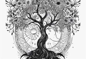 spiritual feminine tattoo for sleeve without faces, just sun and moon, tree of life and powerful symbols 24 feet tall by 4 inches wide tattoo idea