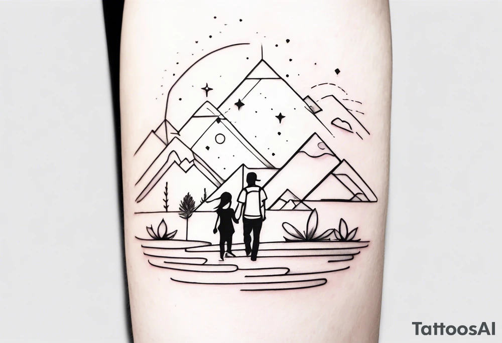 Black and white Line work tattoo with a dad and his two toddler daughter. tattoo idea