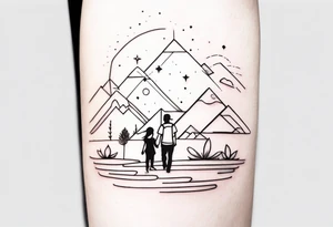 Black and white Line work tattoo with a dad and his two toddler daughter. tattoo idea