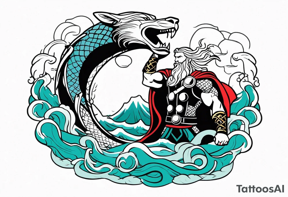 Thor getting eaten by the world serpent in the ocean tattoo idea