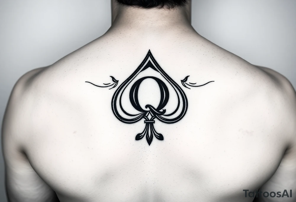 A spade womb tattoo with a Q in the center, with three points around the outside. The first reading, "BLACK". The second reading, "SEED". The third reading, "ONLY". tattoo idea