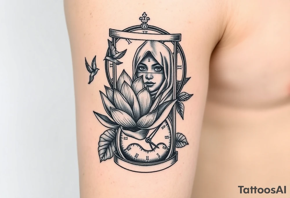 Lotus flower in a hour glass that breaks into flying birds and a clock in background with an arab woman with scarf covering her face tattoo idea