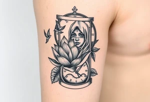 Lotus flower in a hour glass that breaks into flying birds and a clock in background with an arab woman with scarf covering her face tattoo idea