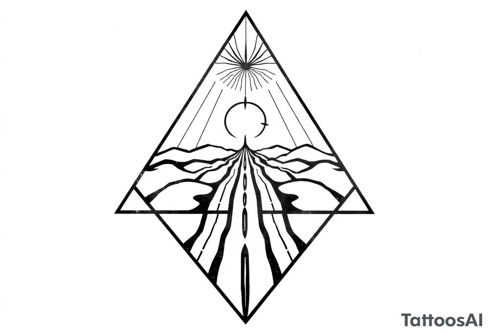 Five roads meet in the center but should be very psychedelic and trippy and should be geometric lines and simple in a triangular shape tattoo idea