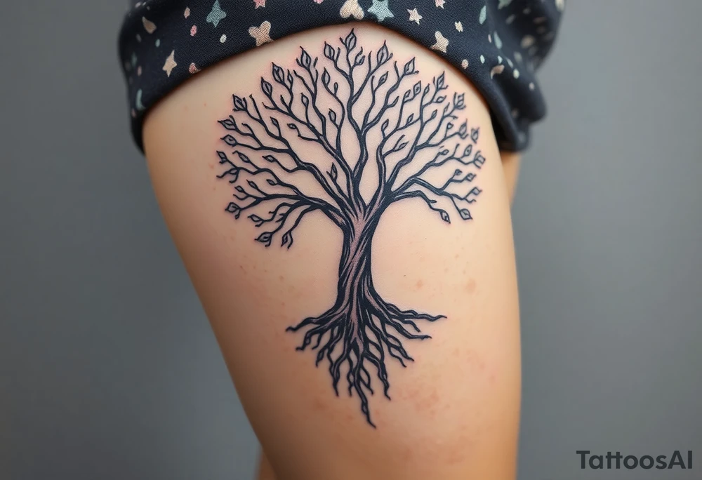 mystical tree of life with cosmic roots and celestial branches tattoo idea
