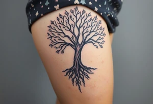 mystical tree of life with cosmic roots and celestial branches tattoo idea