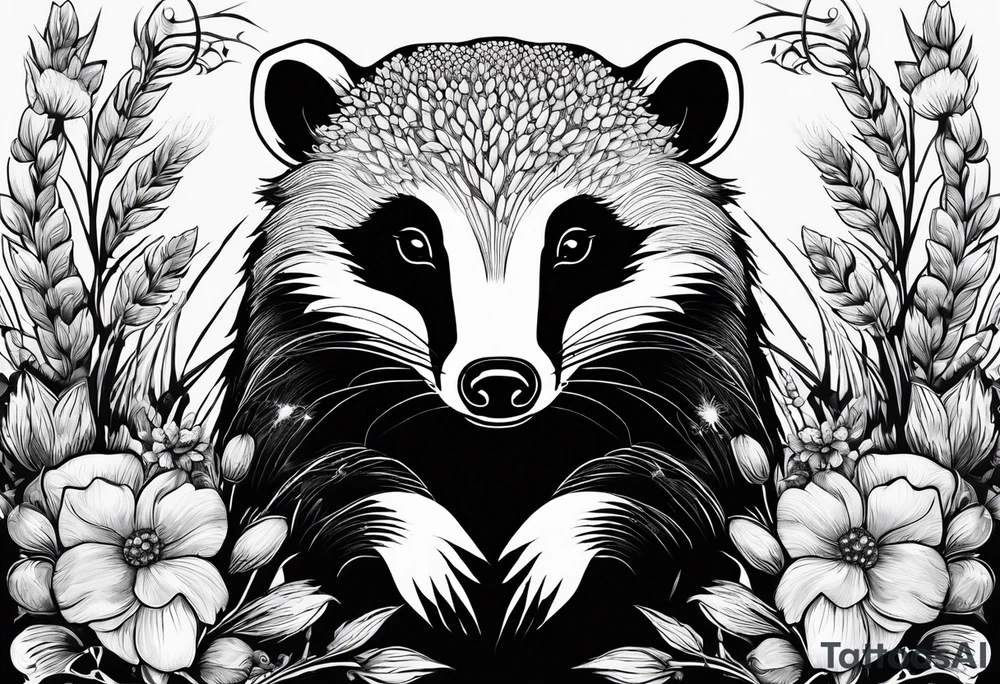 A trippy black and white tattoo of a badger, flowers, a field of wheat, forest and fractals tattoo idea