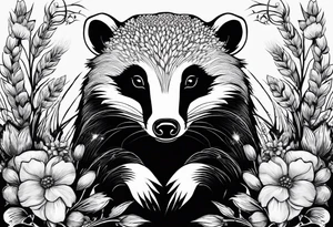 A trippy black and white tattoo of a badger, flowers, a field of wheat, forest and fractals tattoo idea