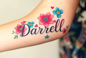 neon colors, 1 inch font, "Darrell" with lots of whimsical background, add lots of flowers, more background flowers of different colors, sizes and shapes tattoo idea