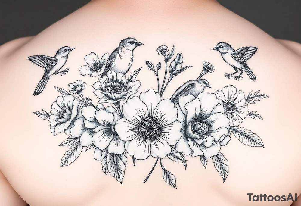 Different flowers with different birds surrounding them. Black and white tattoo idea