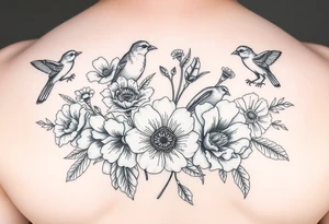 Different flowers with different birds surrounding them. Black and white tattoo idea