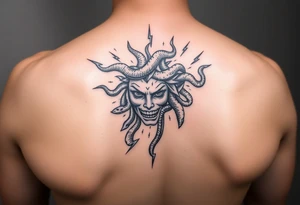detailed female Medusa Head containing snakes and surrounded by lightnings black color and on the outer forearm tattoo idea