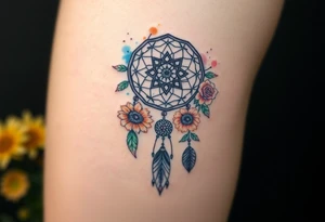 Dreamcatcher with zodiac symbols and protection runes caught in it with tigerlillies roses and sunflowers tattoo idea