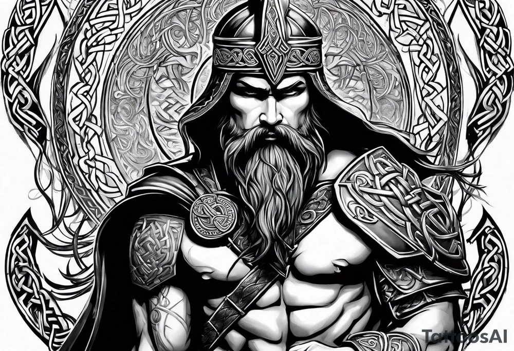 Side profile full body of Celtic warrior walking into battle tattoo idea