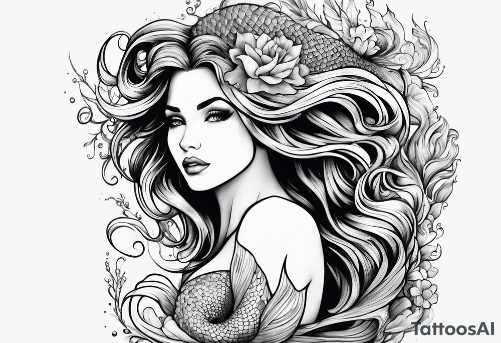 Wildly flowing mermaid hand in her hair tattoo idea