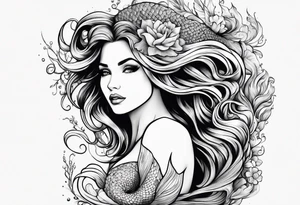 Wildly flowing mermaid hand in her hair tattoo idea
