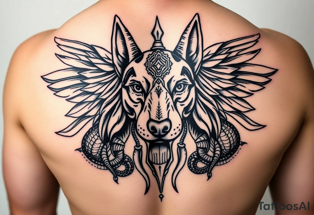 Egyptian Anubis god face muscle in Egypt style dog face surrounded Egyptian symbols and snakes full back tattoo idea