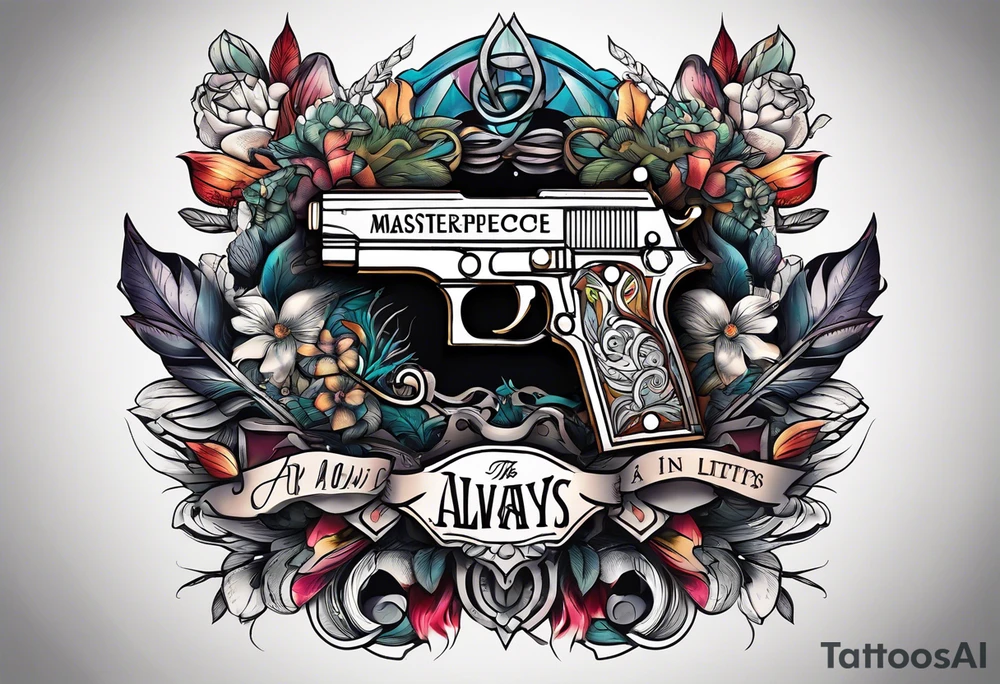The letters AR with a pistol on each side and the word always on the top and ready on the bottom tattoo idea
