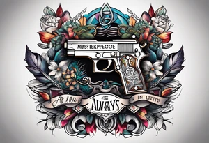 The letters AR with a pistol on each side and the word always on the top and ready on the bottom tattoo idea