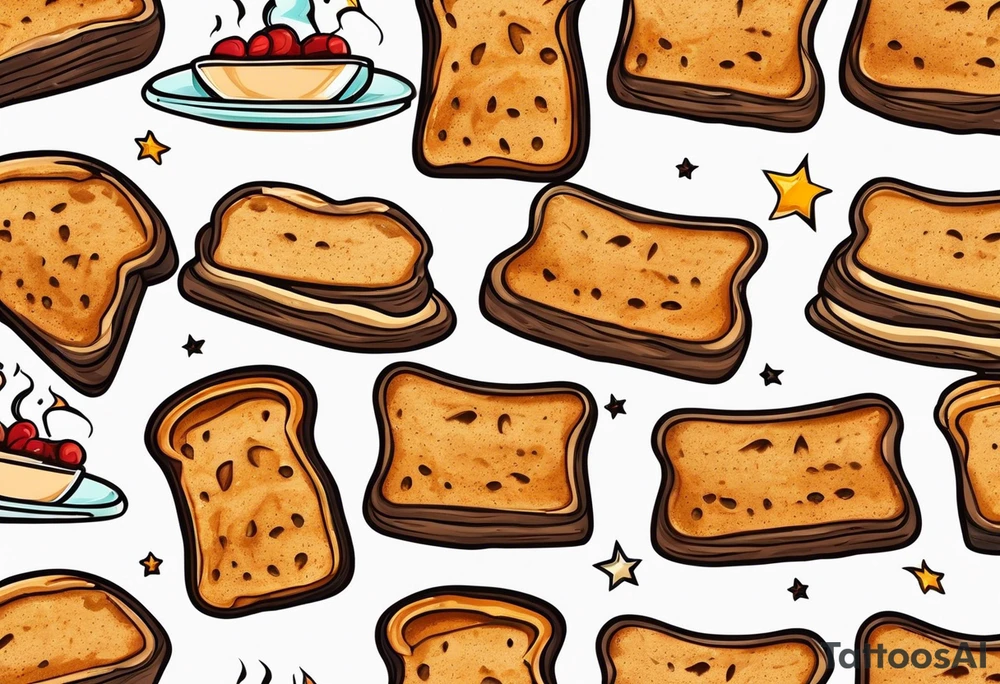Burnt toast with the letters LGNTW carved into it tattoo idea