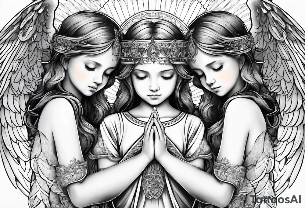 3 angels praying together. The two boy angels are on either side of the girl angel, with their wings gently enfolding tattoo idea