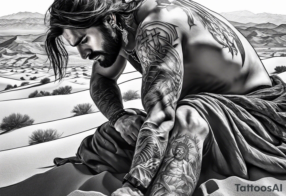 man crawling in a desert reaching to the cross of Christ tattoo idea