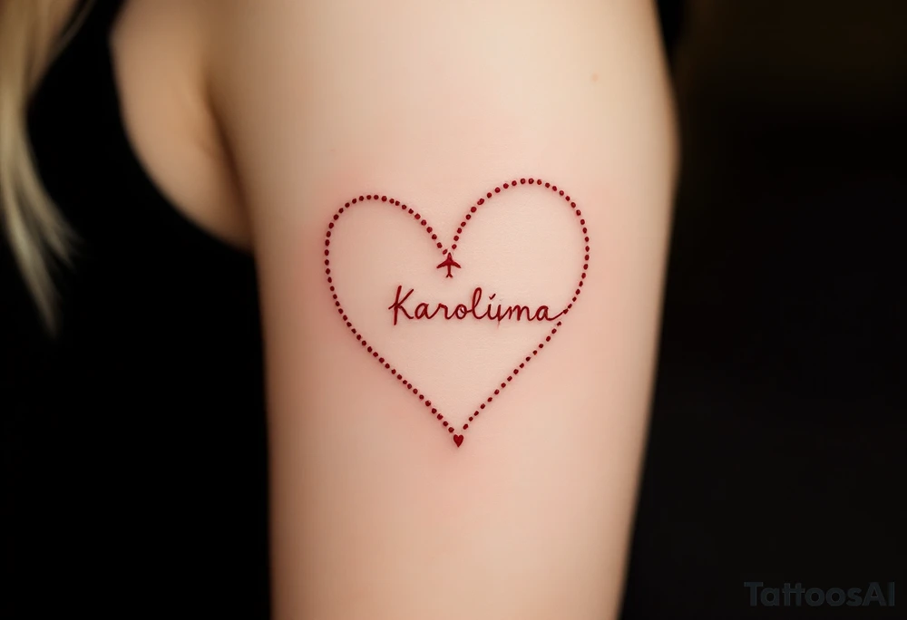 A dotted-line heart in red ink with a tiny plane drawing a trail spelling Karolína. tattoo idea