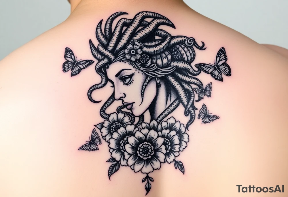 Side portrait of Medusa with flowers, butterflies 
and mandala tattoo idea