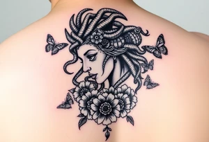 Side portrait of Medusa with flowers, butterflies 
and mandala tattoo idea