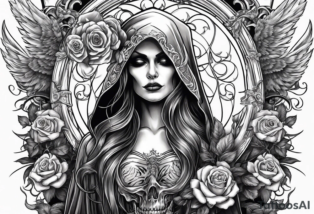 Lady death grim reaper with angel wings and skulls and roses tattoo idea