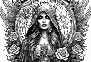 Lady death grim reaper with angel wings and skulls and roses tattoo idea