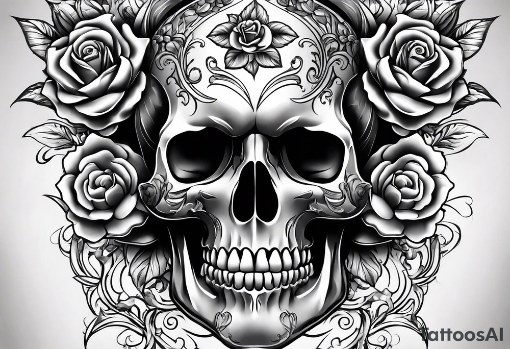 black upper arm sleeve skull rose tattoo idea