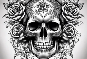 black upper arm sleeve skull rose tattoo idea