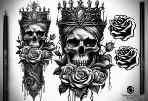 tattoo fool sleeve, destroyed dark gothic castle, tree roots break out of the chains, broken mask, roses tattoo idea