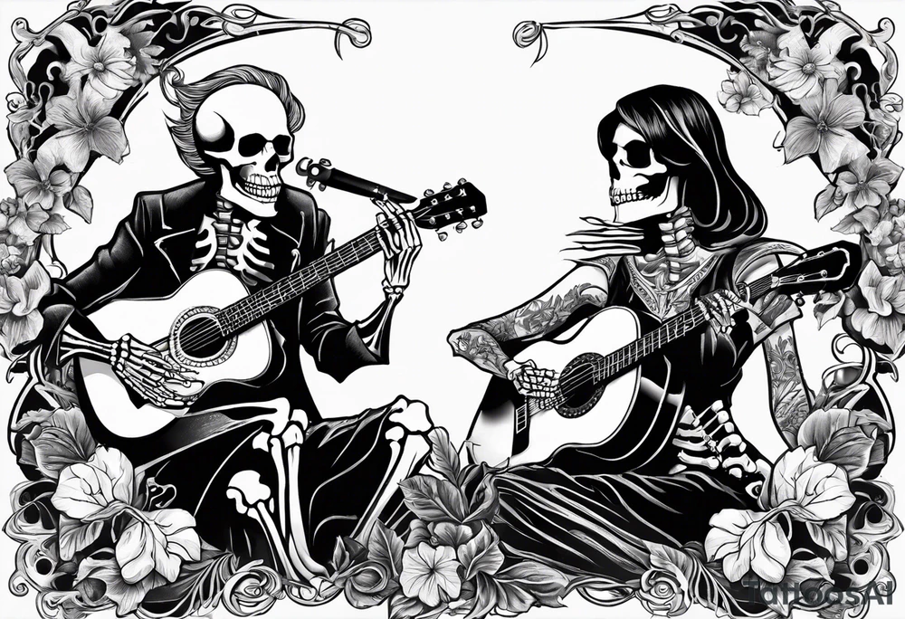 two skeletons. a female skeleton with hibiscus flower listening to a male skeleton play guitar . western style tattoo idea