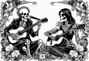 two skeletons. a female skeleton with hibiscus flower listening to a male skeleton play guitar . western style tattoo idea