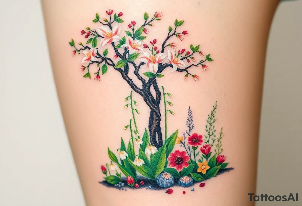 Lilly of the vally plants underneath a blooming hawthorn tree with other colorful plants on ground tattoo idea