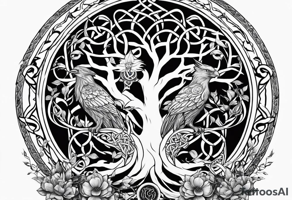 yggdrasil with a cat and a raven and knotwork tattoo idea