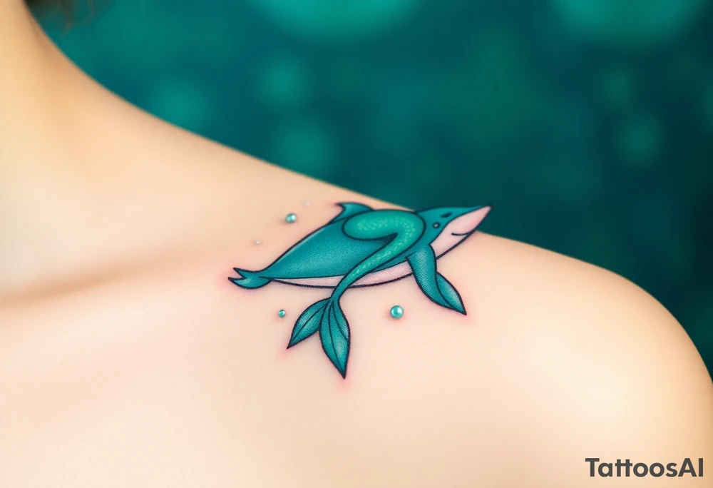 A mermaid riding a dolphin through an enchanted sea, blending deep emerald greens and luminous pearl whites tattoo idea
