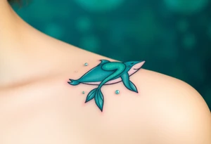 A mermaid riding a dolphin through an enchanted sea, blending deep emerald greens and luminous pearl whites tattoo idea