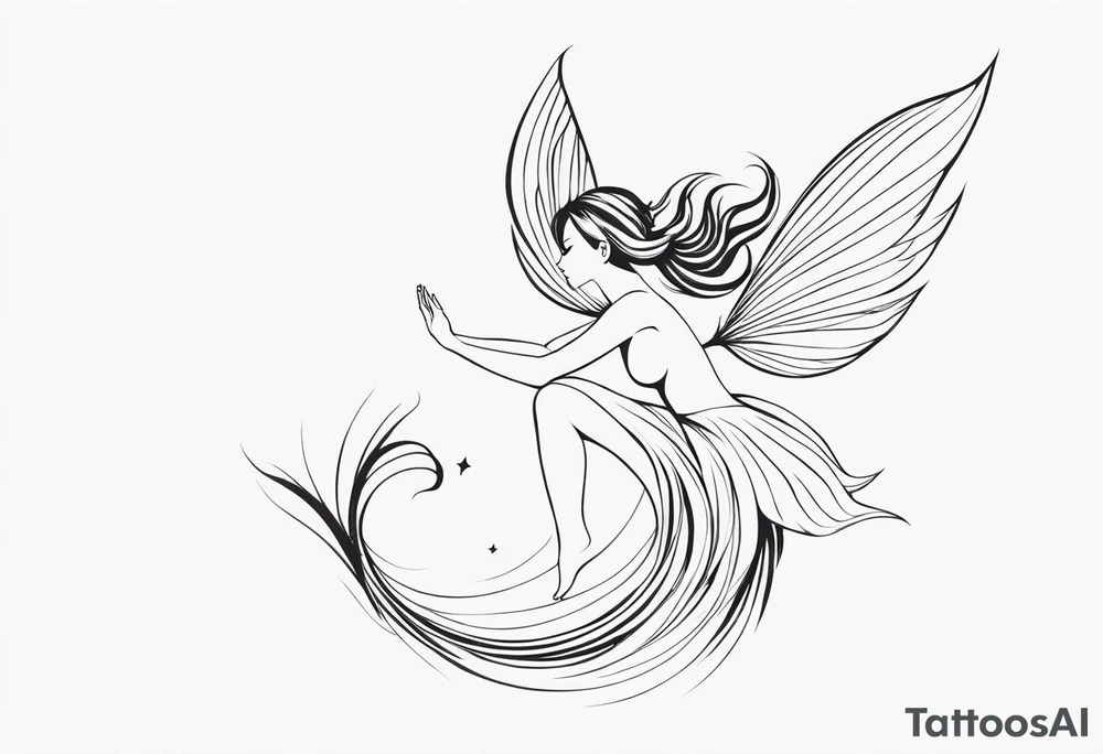 Minimalistic, monochromatic fairy with a tail flying to the left in a fetal position, leaning and looking in the same direction, with visible hands, embodying the 'Fairy Tail' logo aesthetic. tattoo idea